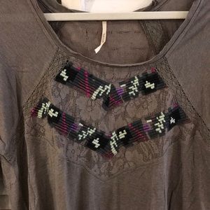 Free People Grey Embroidered and Lace Tunic Top